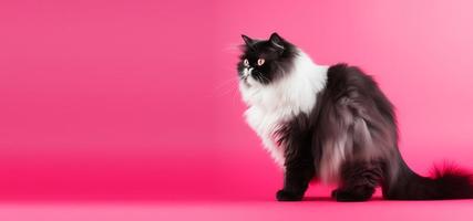 black and white persian cat portrait. pink background. with copy space. generate ai photo