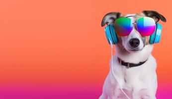 close up portrait of dog wearing glasses and headset. isolated on orange background, with copyspace. Cheerful concept with listening to music. photo