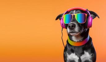 close up portrait of dog wearing glasses and headset. isolated on orange background, with copyspace. Cheerful concept with listening to music. generative ai photo
