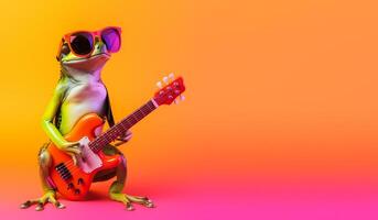 portrait of frog playing guitar and wearing glasses, orange bright gradient background. with copy space, happy and cheerful concept, ideal for banners or greeting cards etc. generative ai photo