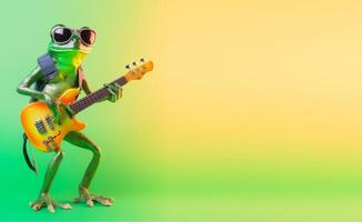 retrato de rana jugando guitarra y vistiendo anteojos, verde y amarillo degradado antecedentes. con Copiar espacio, contento y alegre concepto, ideal para pancartas o saludo tarjetas etc. generativo ai foto