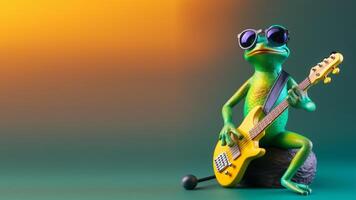 portrait of frog playing guitar and wearing glasses, green and orange gradient background. with copy space, happy and cheerful concept, ideal for banners or greeting cards etc. generative ai photo