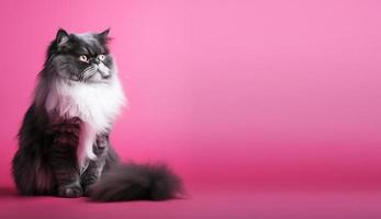 black and white persian cat portrait. pink background. with copy space. generate ai photo