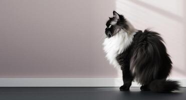 black and white persian cat portrait gray background. with copy space. photo