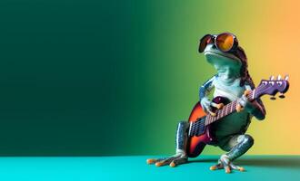retrato de rana jugando guitarra y vistiendo anteojos, verde y naranja degradado antecedentes. con Copiar espacio, contento y alegre concepto, ideal para pancartas o saludo tarjetas etc. generativo ai foto