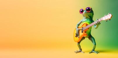 portrait of frog playing guitar and wearing glasses, yellow and green gradient background. with copy space, happy and cheerful concept, ideal for banners or greeting cards etc. photo