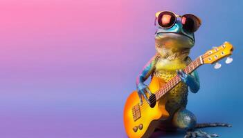 portrait of frog playing guitar and wearing glasses, purple gradient background. with copy space, happy and cheerful concept, ideal for banners or greeting cards etc. photo