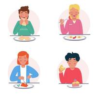 mujer y hombres quien comer diferente comidas en un plano estilo vector