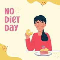 No diet day. Woman brunette eating donut and cake vector