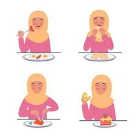conjunto de mujer en hijab comiendo diferente comida en plano estilo vector