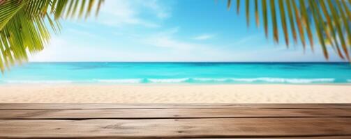 Empty wooden table with tropical sea and beach background. photo