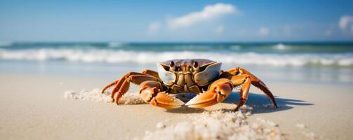 Crab sea marine on tropical sea and sandy beach blue sky background. photo