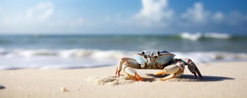 Crab sea marine on tropical sea and sandy beach blue sky background. photo