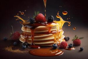 Golden Maple syrup poured onto a stack of delicious pancakes with fruit. photo