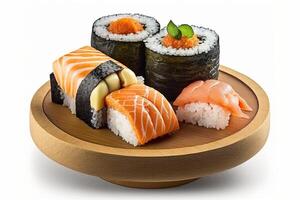 Sushi set on wooden plate on white background, Japanese food. photo