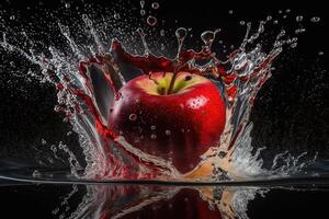 Water splash and fruits isolated on black background. Fresh apple. photo