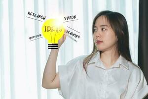 A woman is holding a light bulb with ideas written on it. photo