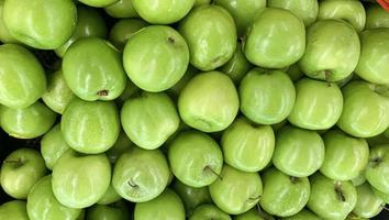 Green apple raw fruit and vegetables overhead perspective background, part of healthy organic fresh products photo