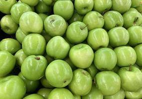 Green apple raw fruit and vegetables overhead perspective background, part of healthy organic fresh products photo