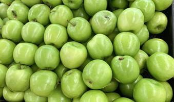 Green apple raw fruit and vegetables overhead perspective background, part of healthy organic fresh products photo