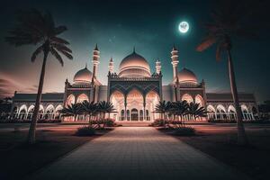 mezquita islámico Ramadán Luna antecedentes oscuro cinematográfico antecedentes ai generado foto