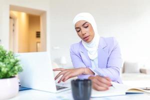 Modern Profession. Portrait of busy arabic female graphic designer working on new project and laptop in office, free space photo