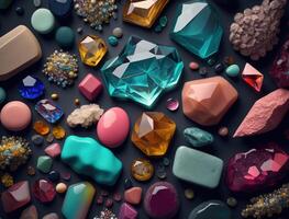 Beautiful collection of crystals and gemstones and minerals on a dark background. Luxury background, stone quartz, glass prism, amber, agate, carnelian, amethyst, nuggets. . photo