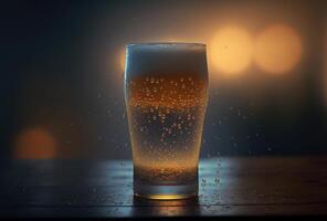 A glass of beer on a wooden table against a dark blurry background in the light of the sunset. Splash and splash of foam. . photo