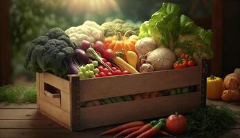 Healthy of varies raw organic vegetables in basket box on wooden table, fresh ingredients for cook and meals, high vitamin and minerals, green hydroponics plants, with . photo