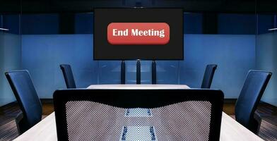 televisión con rojo botón mensaje final reunión en monitor en reunión habitación foto