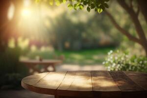 Empty wooden round table for product display with blurred garden background. photo