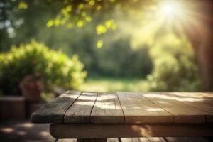 Empty wooden table for product display with blurred garden background. photo