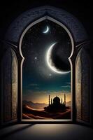 ver desde ventana de musulmán mezquita en noche en desierto. Ramadán kareem ai generativo. foto