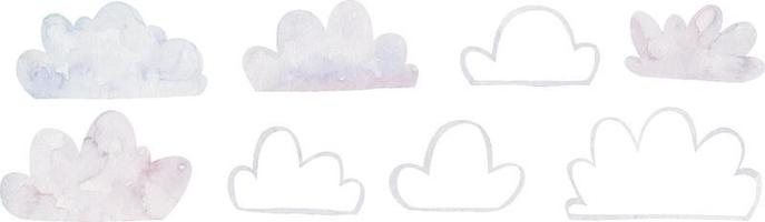 cute colored clouds, cute childrens illustration in watercolor on white background.eps vector