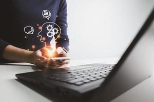 AI technology, Artificial Intelligence, Chatbot Chat and talk with AI, Using laptop for search and find data by command prompt, robot learning machine create or generate picture or article auto photo