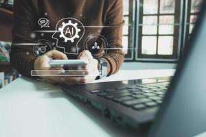 AI technology, Artificial Intelligence, Chatbot Chat and talk with AI, Using laptop for search and find data by command prompt, robot learning machine create or generate picture or article auto photo
