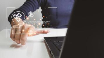 AI technology, Artificial Intelligence, Chatbot Chat and talk with AI, Using laptop for search and find data by command prompt, robot learning machine create or generate picture or article auto photo