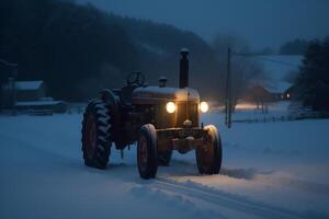 tractor en el nieve. Navidad víspera. ai generado foto