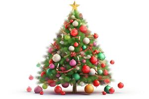 aislado Navidad árbol con pelotas y decoraciones en blanco antecedentes. Navidad víspera. ai generado foto