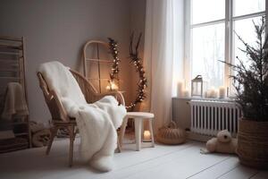 Scandinavian Christmas Interior With Tree, Gifts, And Rattan Chair. Christmas Eve. photo