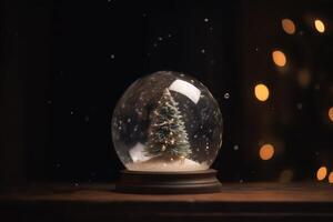 Snow Globe With Christmas Tree And Bokeh. Christmas Eve. photo