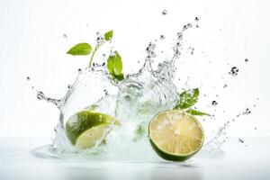 Water splash with lime, mint, and ice cubes on white background. photo