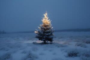 Christmas Tree In The Snow. Christmas Eve. AI Generated photo