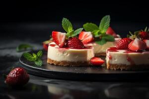Close up shot of modern cheesecake with strawberries and mint. photo