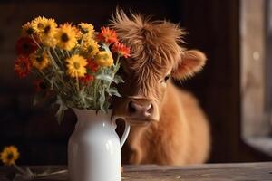 Baby Highland cow with spring flowers in a vase. Christmas holiday. AI Generated photo