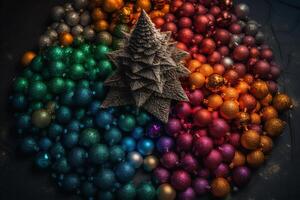 alto ángulo ver de multicolor Navidad árbol. Navidad víspera. ai generado foto