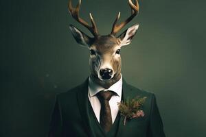 Graphic design of a businessman with deer head on suit. Christmas holiday. photo