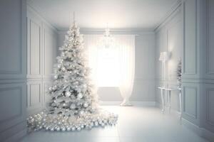 3d prestados blanco Navidad árbol interior antecedentes. Navidad víspera. ai generado foto