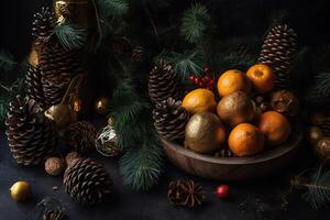 Still Life Of Christmas Tree With Decorations, Pine Cones, And Fruits. Christmas Eve. photo