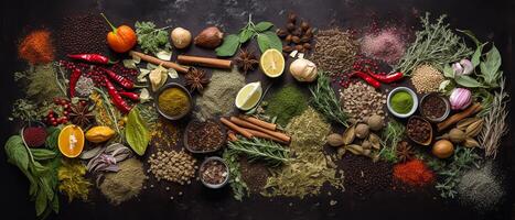 Herbs and spices for cooking with aesthetic arrangement, top view. photo